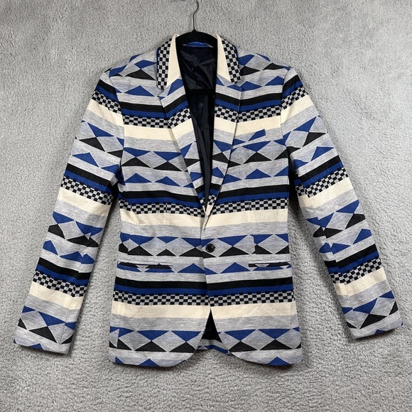 Zara Man Blazer Mens Medium Blue Gray Geometric Pattern Jacket Lined Button Up